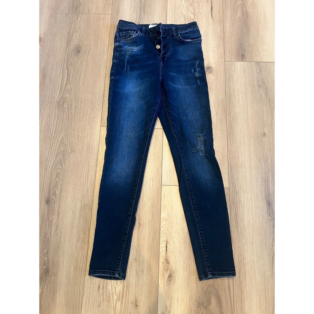 Forever 21 Womens 27 Skinny Jeans Dark Wash Distressed Button Fly High Rise
